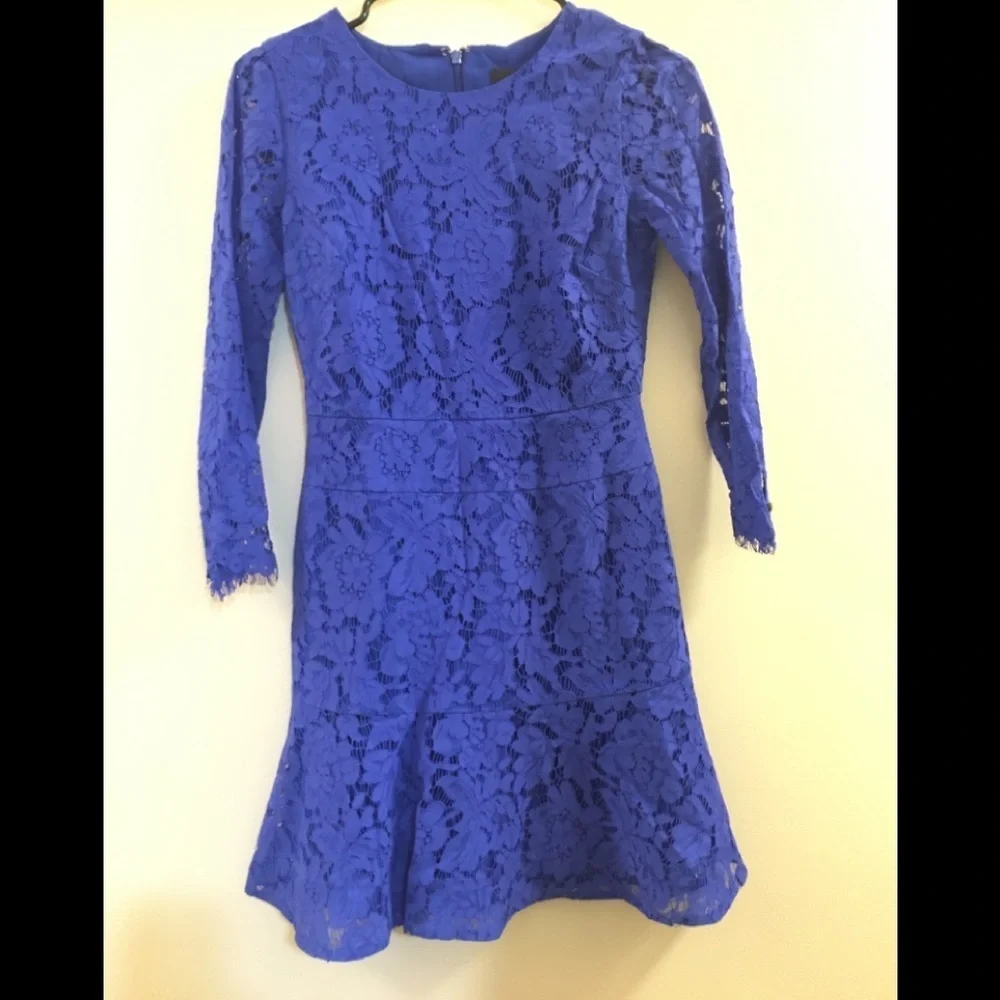 J. Crew Cobalt Blue Lace Long Sleeves Ruffle Dress - Picture 7 of 15